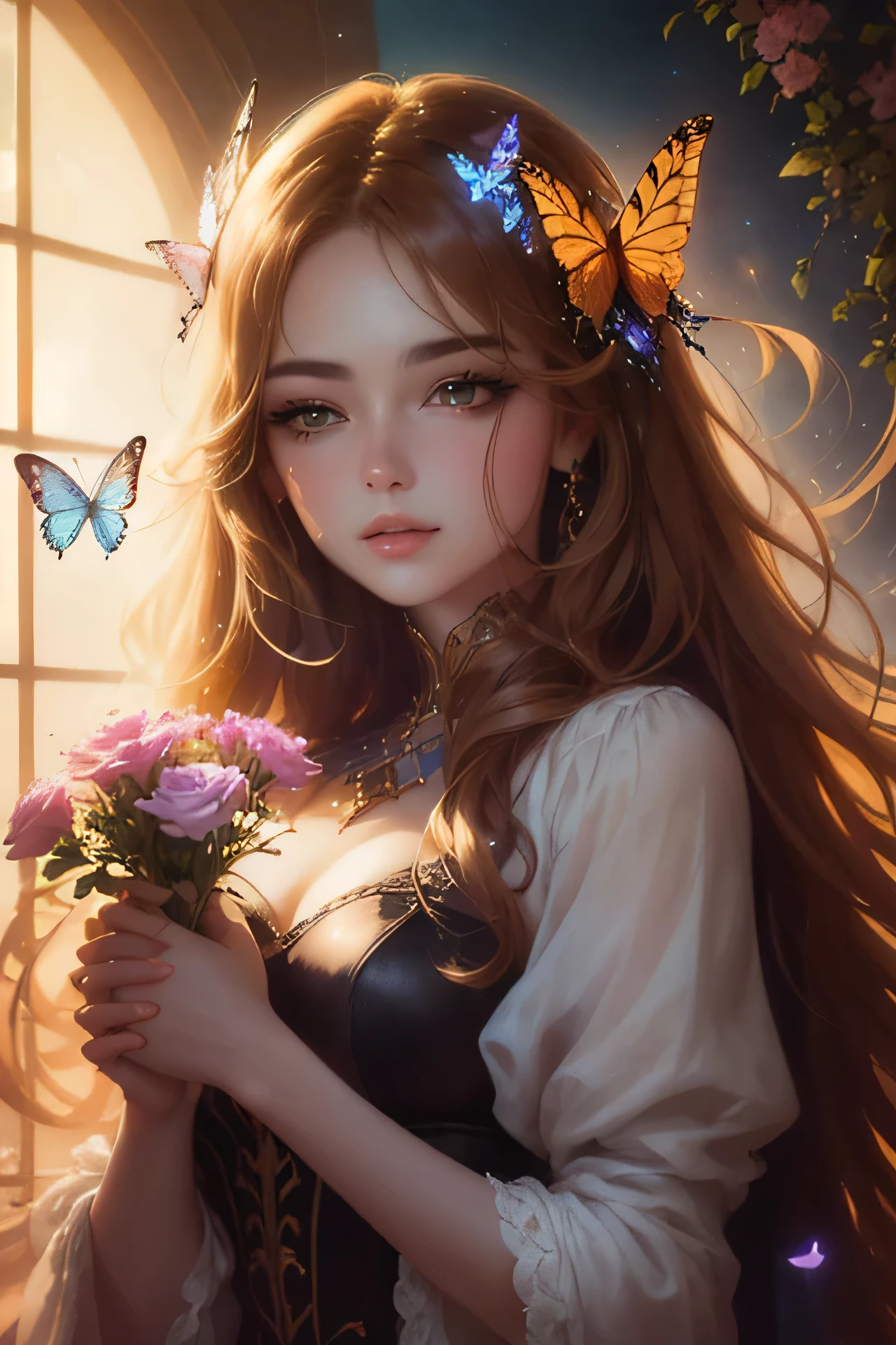 Woman holding flowers and butterflies in hands, art gelm. Anime illustration, extremely detailed art gelm, art gelm on artstation pixiv, art gelm. High detail, ig model | art gelm, art gelm detailed, ! dream art gelm, art gelm portrait, Fantasy art style
