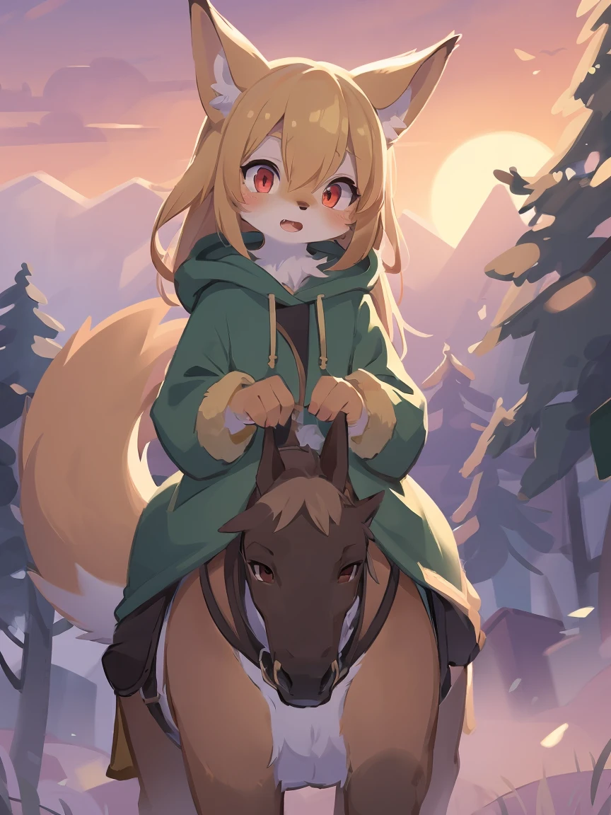 loli the fox, , was hairy, shaggy, skin fur, smooth lashes, golden fur, forelimb hands, straight long blonde hair, solid circle eyes, golden ears, golden fur, golden facial fur, shiny hair, red eyes, super cute face, 1fox tail, fluffy tail, furry tail, glowing eyes, green coat green hood down, brown trousers, riding horse, open mouth, embarrassed, ambient light, ultra-fine fur, dashed eyes, full body, masterpiece, high quality, high-details, best quality, wide short, (((solo))), twilight, sun light, red sky, rim light