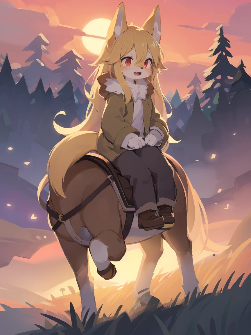 loli the fox, , was hairy, shaggy, skin fur, smooth lashes, golden fur, forelimb hands, straight long blonde hair, solid circle eyes, golden ears, golden fur, golden facial fur, shiny hair, red eyes, super cute face, 1fox tail, fluffy tail, furry tail, glowing eyes, green coat green hood down, brown trousers, riding horse, open mouth, embarrassed, ambient light, ultra-fine fur, dashed eyes, full body, masterpiece, high quality, high-details, best quality, wide short, (((solo))), twilight, sun light, red sky, rim light