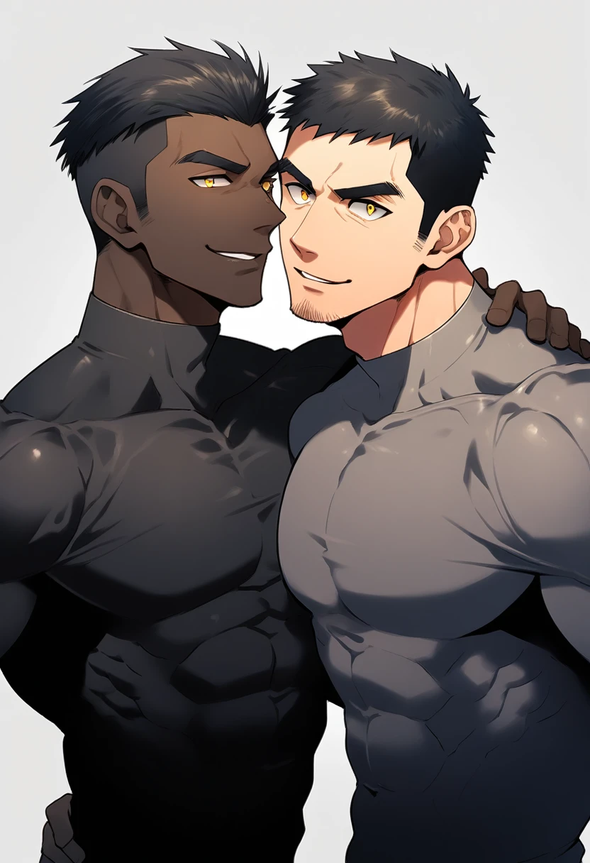 anime characters:Two superheroes in tights, Muscle superhero, negro black skin, They hugged and kissed each other, Bite your neck, Caress, Manliness, male focus, Yellow and black high collar long sleeve tight T-shirt, Slightly transparent material, Very tight, Round, full and perky chest muscles, Muscle waist, Slightly transparent, muscular male, muscular, only, Upper body, alone, Black short hair, Thick eyebrows, stubble, Yellow eyes, Grey background, simple background, amazing quality, best aesthetics, Ridiculous, bright pupils, crew cut, parted lips, seductive smile, torogao, naughty face, drop shadow, best quality
