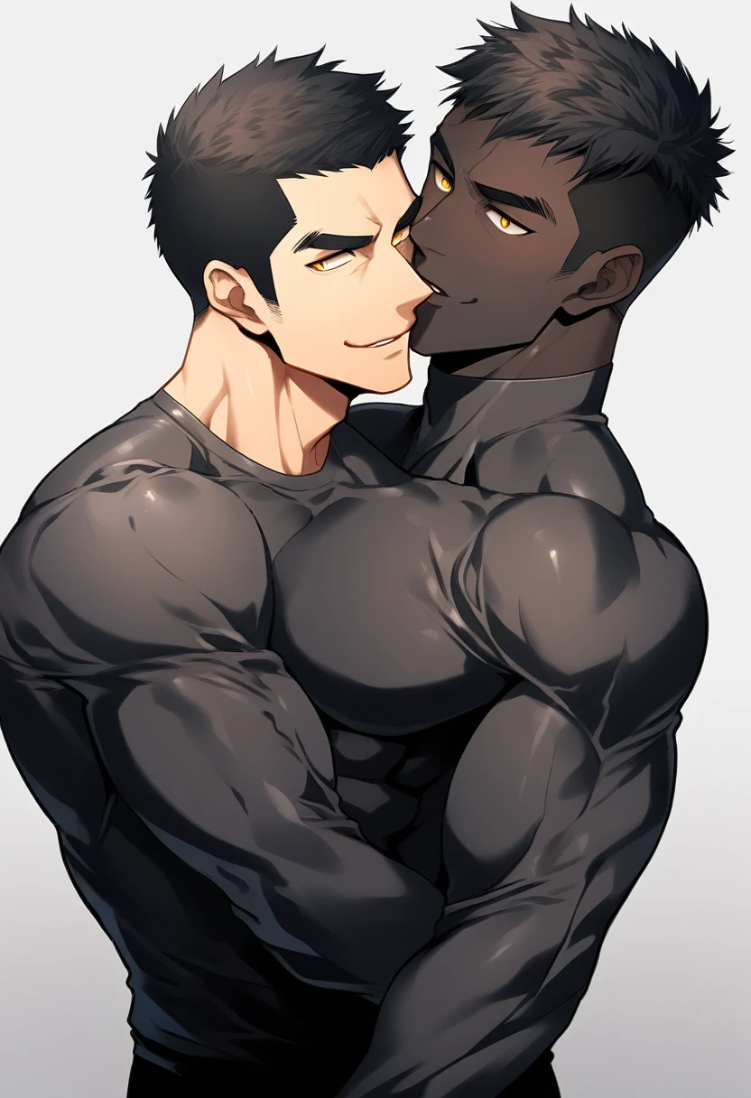 anime characters:Two superheroes in tights, Muscle superhero, negro black skin, They hugged and kissed each other, Bite your neck, Caress, Manliness, male focus, Yellow and black high collar long sleeve tight T-shirt, Slightly transparent material, Very tight, Round, full and perky chest muscles, Muscle waist, Slightly transparent, muscular male, muscular, only, Upper body, alone, Black short hair, Thick eyebrows, stubble, Yellow eyes, Grey background, simple background, amazing quality, best aesthetics, Ridiculous, bright pupils, crew cut, parted lips, seductive smile, torogao, naughty face, drop shadow, best quality
