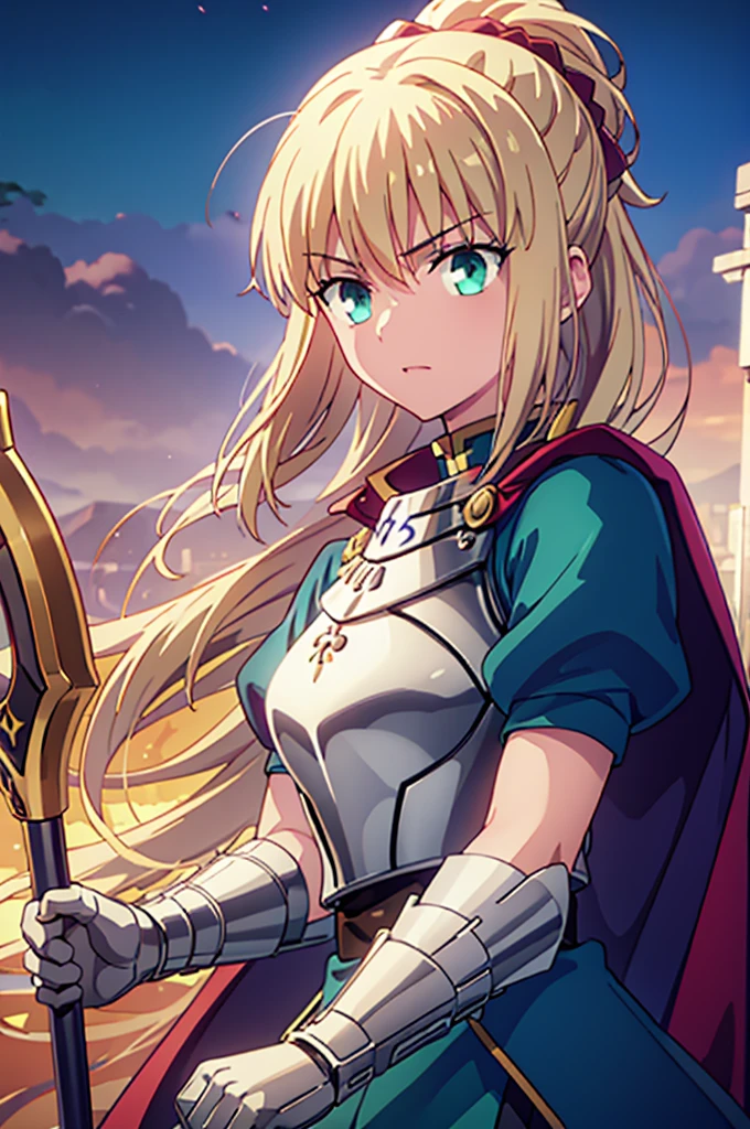 Masterpiece, Highest quality, （Fire emblem_Nanna）, Genealogy of the Holy War，（Blonde_Medium）hair ornaments, necklace, armor, Red Cape, Green Dress, belt, White gloves, Upper Body, View your viewers, roar，Rapier，From the side，Evening sky_background