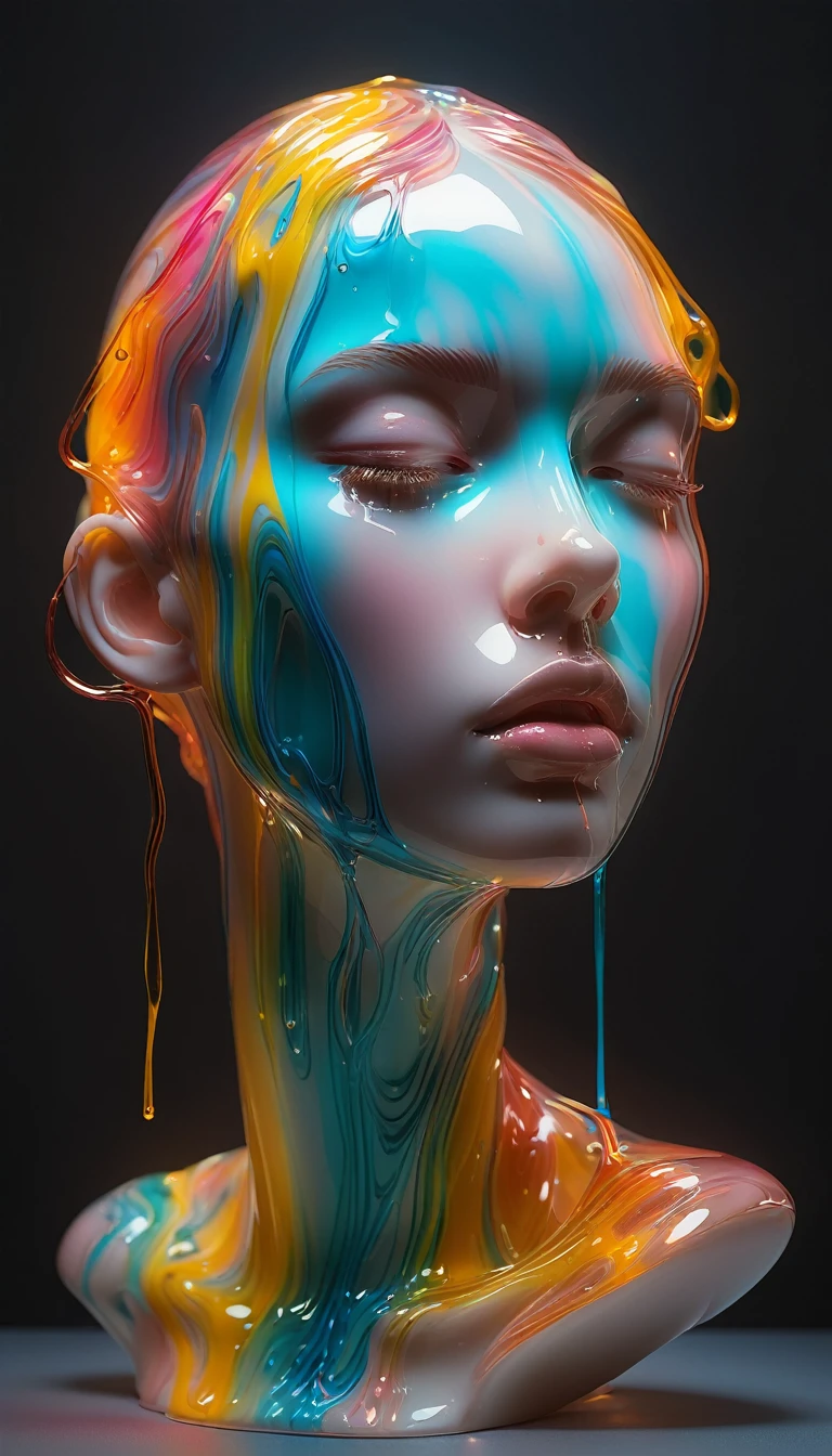 a beautiful girl, 1 colorful glass transparent 3D sculpture, melting base, glowing face circuits, simple, minimalist, soft delicate colors, dark background, glowing