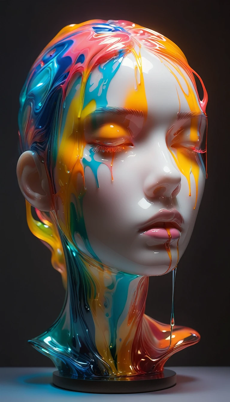 a beautiful girl, 1 colorful glass transparent 3D sculpture, melting base, glowing face circuits, simple, minimalist, soft delicate colors, dark background, glowing