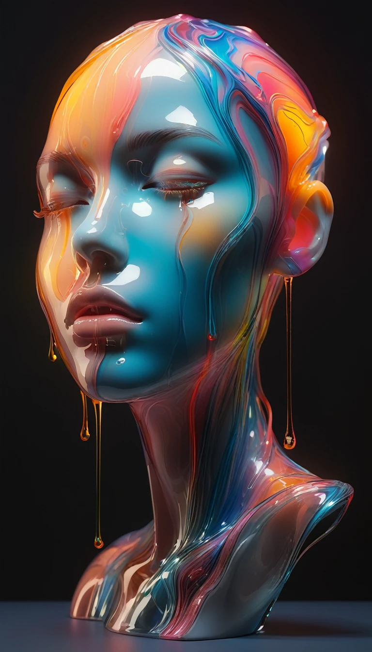 a beautiful girl, 1 colorful glass transparent 3D sculpture, melting base, glowing face circuits, simple, minimalist, soft delicate colors, dark background, glowing