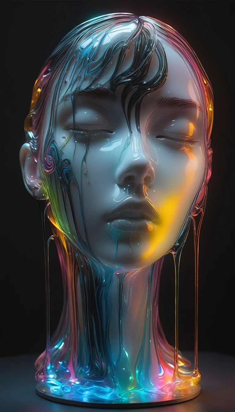 a beautiful girl, 1 colorful glass transparent 3D sculpture, melting base, glowing face circuits, simple, minimalist, soft delicate colors, dark background, glowing