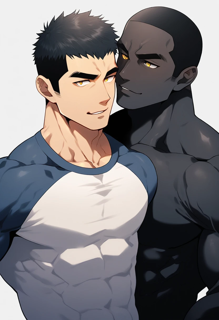 anime characters:Two superheroes in tights, Muscle superhero, negro black skin, They hugged and kissed each other, Bite your neck, Caress, Manliness, male focus, Yellow and black high collar long sleeve tight T-shirt, Slightly transparent material, Very tight, Round, full and perky chest muscles, Muscle waist, Slightly transparent, muscular male, muscular, only, Upper body, alone, Black short hair, Thick eyebrows, stubble, Yellow eyes, Grey background, simple background, amazing quality, best aesthetics, Ridiculous, bright pupils, crew cut, parted lips, seductive smile, torogao, naughty face, drop shadow, best quality
