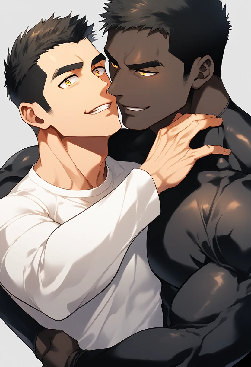 anime characters:Two superheroes in tights, Muscle superhero, negro black skin, They hugged and kissed each other, Bite your neck, Caress, Manliness, male focus, Yellow and black high collar long sleeve tight T-shirt, Slightly transparent material, Very tight, Round, full and perky chest muscles, Muscle waist, Slightly transparent, muscular male, muscular, only, Upper body, alone, Black short hair, Thick eyebrows, stubble, Yellow eyes, Grey background, simple background, amazing quality, best aesthetics, Ridiculous, bright pupils, crew cut, parted lips, seductive smile, torogao, naughty face, drop shadow, best quality