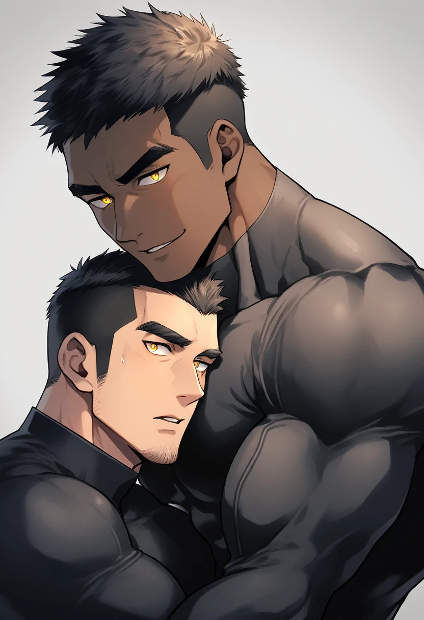 anime characters:Two superheroes in tights, Muscle superhero, negro black skin, They hugged and kissed each other, Bite your neck, Caress, Manliness, male focus, Yellow and black high collar long sleeve tight T-shirt, Slightly transparent material, Very tight, Round, full and perky chest muscles, Muscle waist, Slightly transparent, muscular male, muscular, only, Upper body, alone, Black short hair, Thick eyebrows, stubble, Yellow eyes, Grey background, simple background, amazing quality, best aesthetics, Ridiculous, bright pupils, crew cut, parted lips, seductive smile, torogao, naughty face, drop shadow, best quality