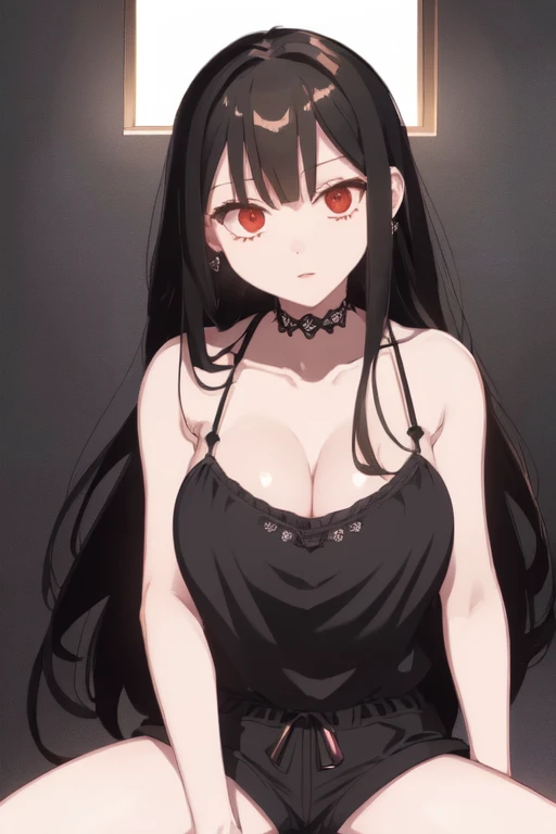 (Highly detailed CG Unity 8k wallpaper), (masterpiece), (Highest quality), (Super detailed), (Best illustrations), (Best Shadow), (Absurd), One girl, alone, Chigahara, One girl, alone, Black Hair, Shorts, Long Hair, View your viewers, black Shorts, Sitting, camisole、Red eyes,Huge Breasts, short Shorts