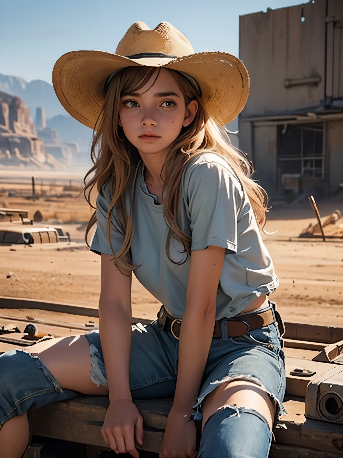 (masterpiece, best quality), 1girl, cowboy hat, cowboy western, freckles, wasteland, wavy hair, sitting, resting, tanlines,