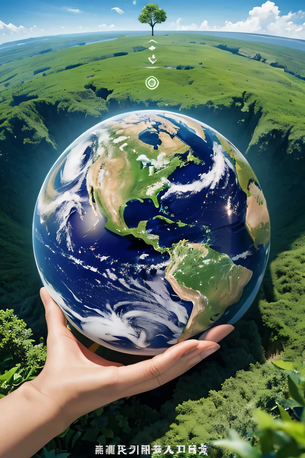 Poster with the theme of &quot;Protecting the Ecological Environment&quot;: Building a beautiful environment logo creative：There are hands holding up the earth，Earth showing Asian continental plate，Green world with earth image, Symbolizes care for nature and ecology