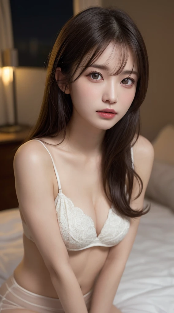 ((Realistic lighting, Highest quality, 8K, masterpiece:1.3)), Sharp focus:1.2, One girl, Beautiful woman with perfect figure:1.4, Slim Abs:1.1, ((Dark brown hair)), (Nude 1.4）,（Exterior，at night：1.1），Sit on a bed in the room，Ultra-fine face，Beautiful Eyes，double eyelid，Leaking all over the delicate breasts、