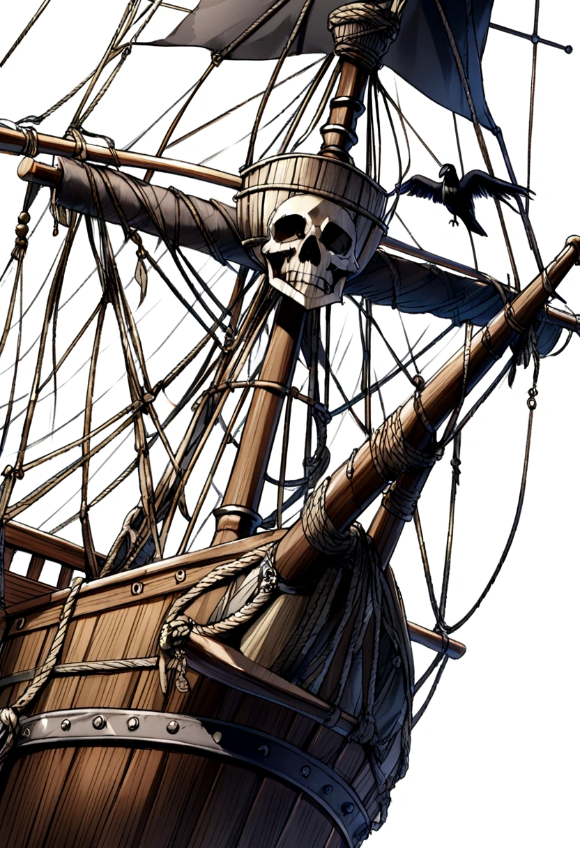 a pirate ships' mast ,with crows nest, and sails displaying skull and crossbones, full elevation head on front view against a plain white background