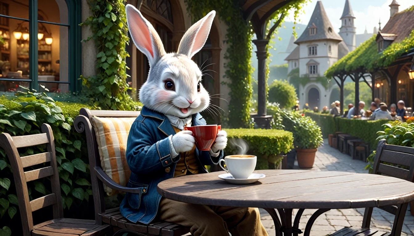 C4tt4stic, Anthropomorphic cute  rabbit character, dressed and bipedal, human-like posture, (drinking hot coffee), sitting on a cafe terrace seat, lush garden, smiling, (reading a book), casual clothing, mystical, fantasy art, exquisite details, Jean-Baptiste Monge style, Alan Lee style, movie scene, dramatic shot angles, atmospheric particles, realistic, raw cinematic photorealism, action portrait, 8k, detailed, full frame