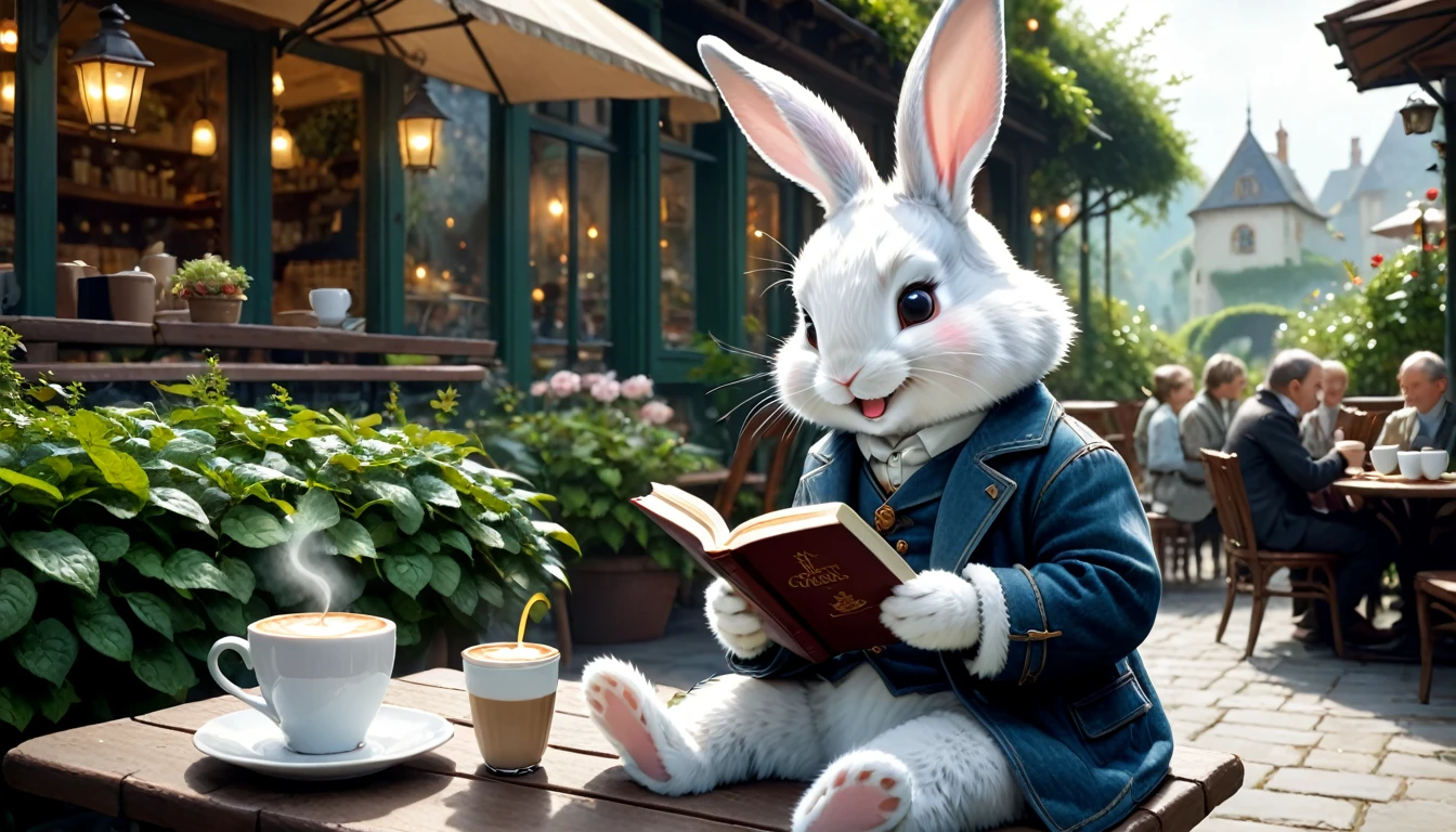 C4tt4stic, Anthropomorphic cute baby rabbit character, dressed and bipedal, human-like posture, (drinking hot coffee), sitting on a cafe terrace seat, lush garden, smiling, (reading a book), casual clothing, mystical, fantasy art, exquisite details, Jean-Baptiste Monge style, Alan Lee style, movie scene, dramatic shot angles, atmospheric particles, realistic, raw cinematic photorealism, action portrait, 8k, detailed, full frame
