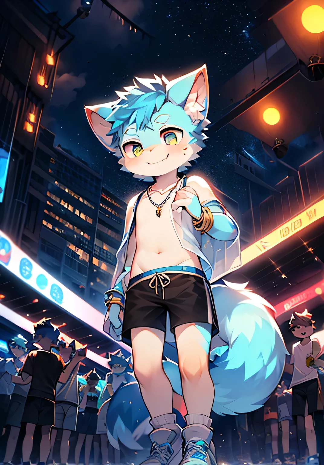 Bright eyes, panorama, character focus solo, furry, furry male cat, male yellow-white fur, blue eyes, gray hair (long) style, little cute, will sell cute, wearing blue clothes and pants, the character is standing