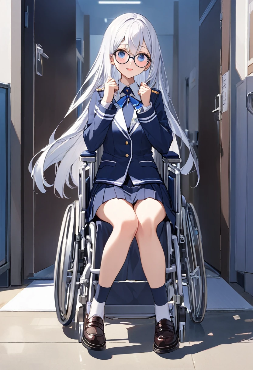 girl（Round Glasses、uniform（Navy Blue、Short skirt）、wheelchair、White long hair、School