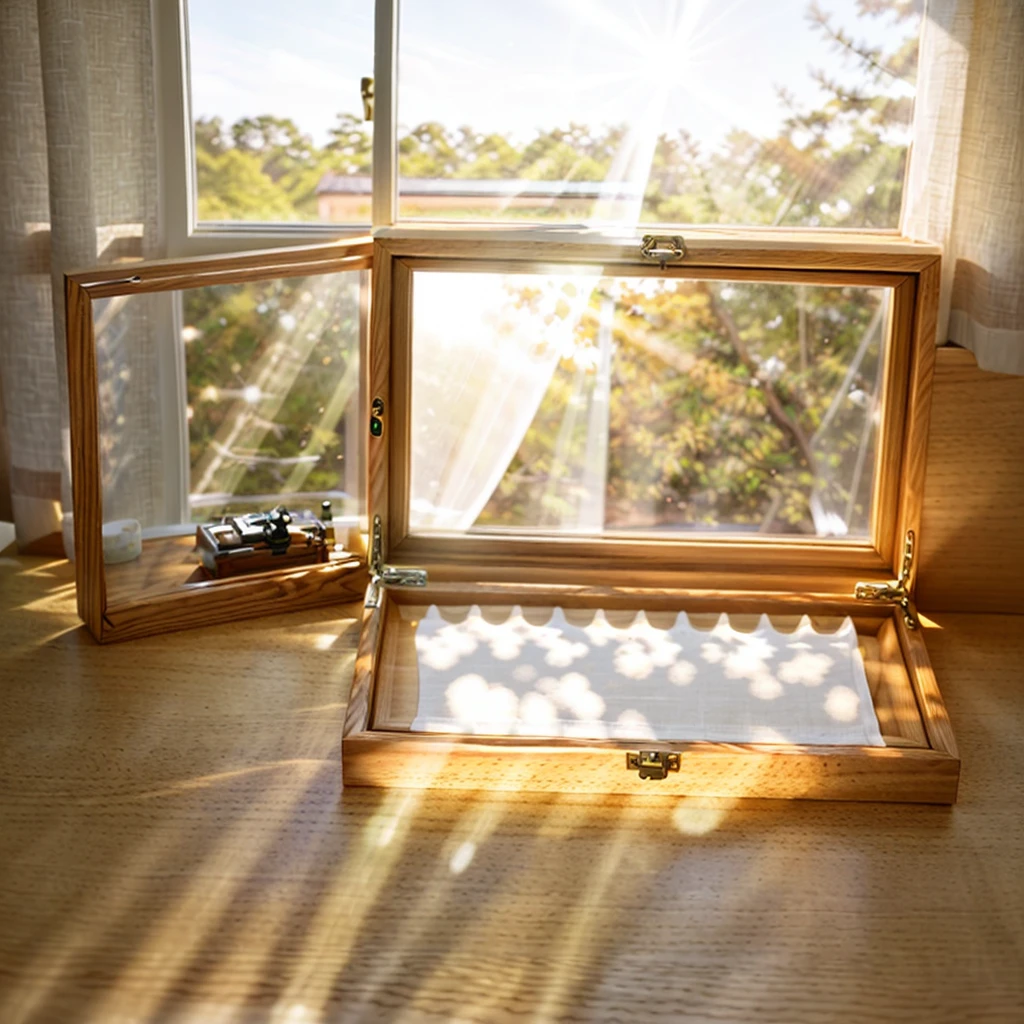 In this cozy room，A ray of sunlight shone through the half-drawn curtains on the table，Let the wood grain on the watch storage box shine with a faint luster。There was a calm and peaceful atmosphere in the air around them。There are several still lifes hanging on the walls of the room，It adds a touch of elegance to the space。And on the other side of the room，The half-open window lets in the breeze，The pages on the small desk by the window turned in the wind，This quiet scene gives a sense of tranquility and comfort。

