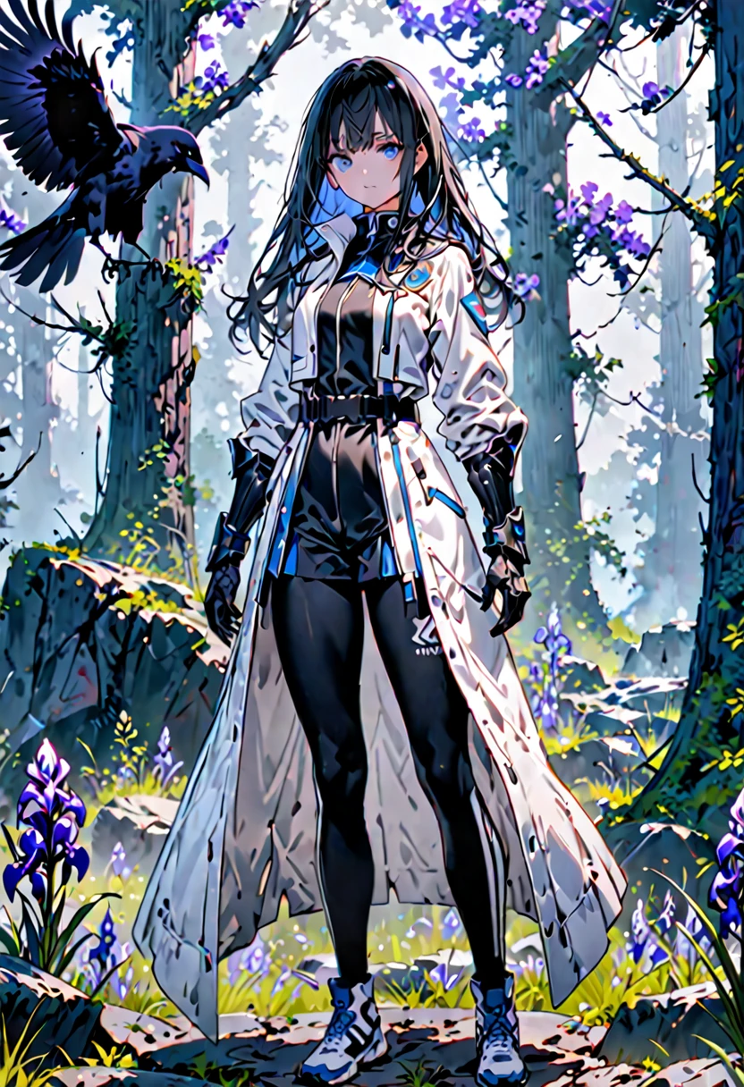 girl,Long Black Hair, The inside of the hair is blue、Iris,White coat,uniform、masterpiece, Highest quality, Super detailed, Downcast eyes,Tabletop, Highest quality), (Perfect athletic body:1.2),8K high resolution, Trend Art Station, White Background, Standing in the Wilderness,whole body、Crow-shaped gauntlets