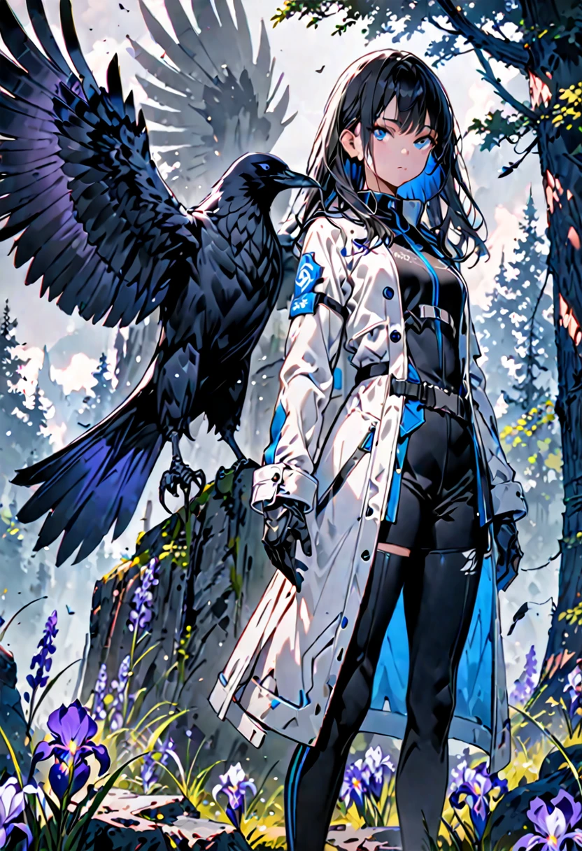 girl,Long Black Hair, The inside of the hair is blue、Iris,White coat,uniform、masterpiece, Highest quality, Super detailed, Downcast eyes,Tabletop, Highest quality), (Perfect athletic body:1.2),8K high resolution, Trend Art Station, White Background, Standing in the Wilderness,whole body、Crow-shaped gauntlets