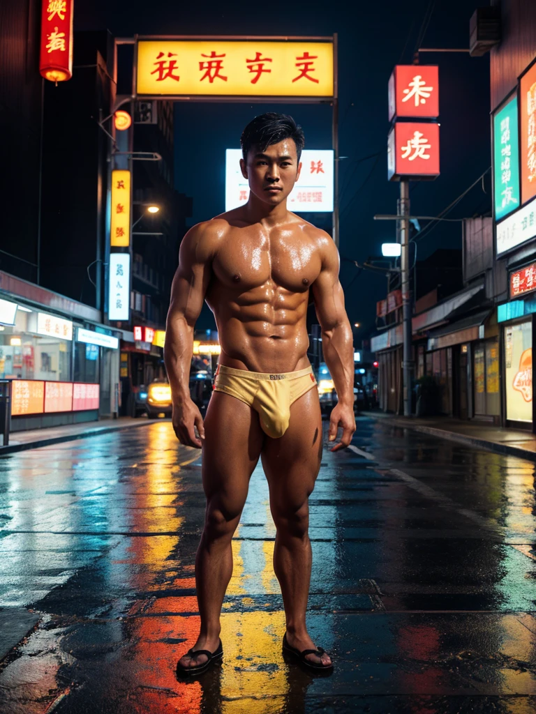 a Japanese handsome young man with short hair,tan skin, great figure, shirtless, wears edition color bikini underware, standing alone in the middle of an empty road. The street is wet from rain, reflecting the colorful neon signs and lights from the surrounding buildings. The scene is dark with a moody, cinematic atmosphere, showcasing various signs in both English and Chinese characters. The person in the center is illuminated by a spotlight, emphasizing their solitary presence. The overall setting is reminiscent of an urban area with a mix of traditional and modern elements.