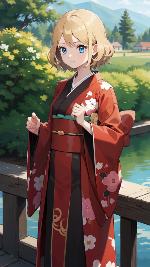gonzarez, masterpiece, Serenaj, 1girl, solo, blue eyes, blonde hair, short hair, kimono
