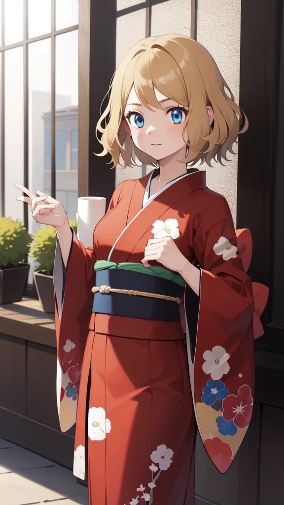 gonzarez, masterpiece, Serenaj, 1girl, solo, blue eyes, blonde hair, short hair, kimono