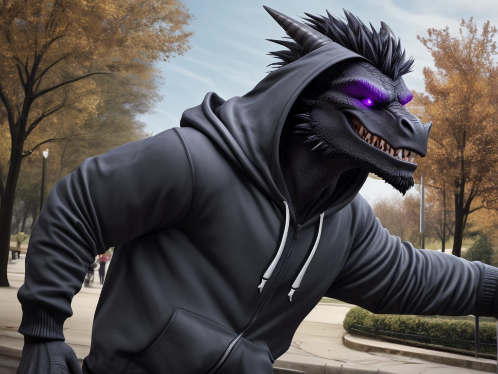 (masterpiece:1.2),cool pose,furry black dragon,strong and fit body,purple eyes,grey medium hair,grey facial hair,casual clothing,hoodie, fierce expression,good looking,slightly smiling showing teeth,park background