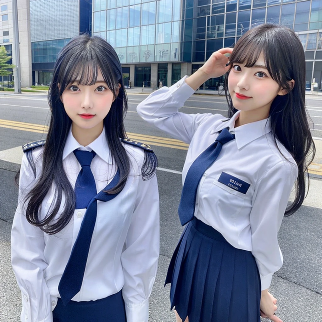 Japanese girl、Police Girl、Perfect figure、Transparency、Transcendent Big、、Navy blue tie、Navy Blue Skirt、Light blue shirt、Gravure idol pose、Waterfront、Flashy makeup
