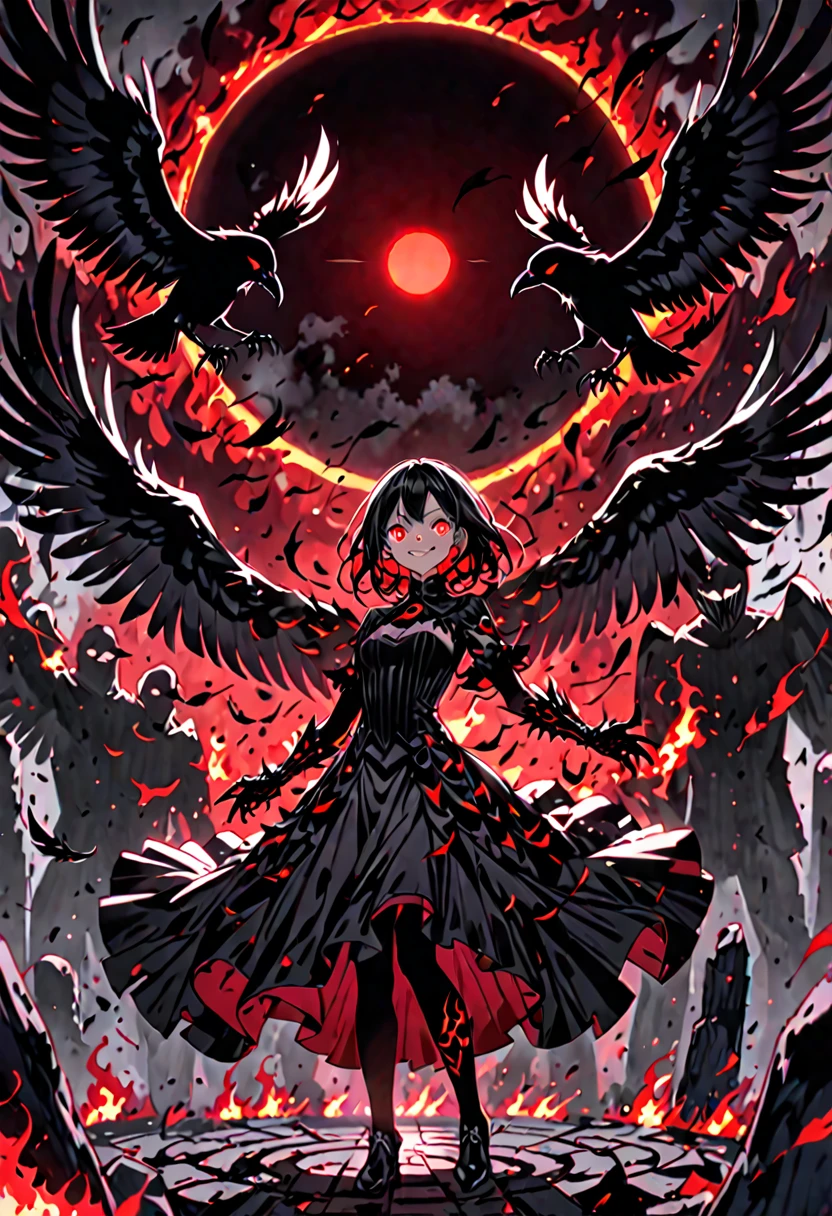 Art Station, White Background, Long black hair、Long Black Hair、Standing in the Wilderness,whole body、Equipped with Crow Gauntlets、triumphant smile、Small breasts、, As if smoke and shadows were given shape, Wings made from giant crows, Dancing crow feathers, Many glowing red eyes, Shadow Claw, Supernatural black lightning and flames, ((black sun)), 8K high resolution, トレンドArt Station、Black color, whole body,Black ruffled dress、Tuxedo、A whirlpool of countless red-eyed crows、Black Hole