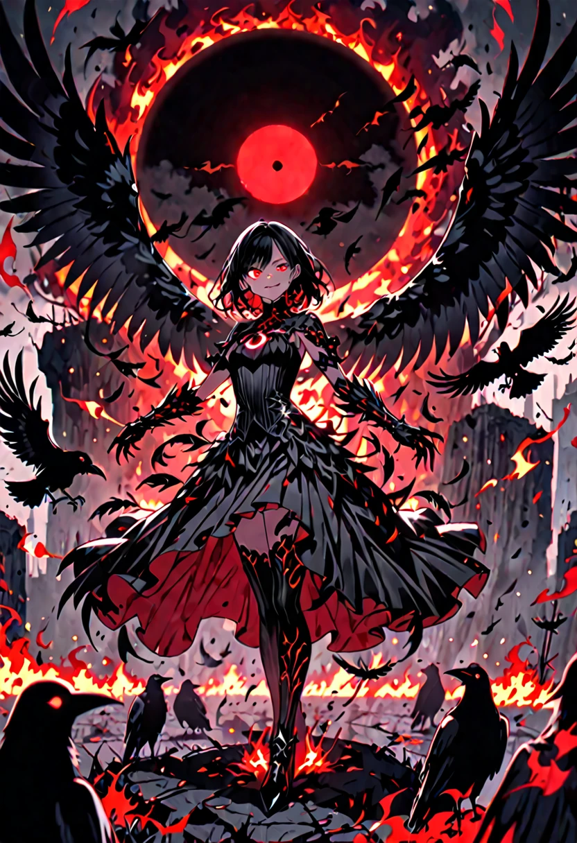 Art Station, White Background, Long black hair、Long Black Hair、Standing in the Wilderness,whole body、Equipped with Crow Gauntlets、triumphant smile、Small breasts、, As if smoke and shadows were given shape, Wings made from giant crows, Dancing crow feathers, Many glowing red eyes, Shadow Claw, Supernatural black lightning and flames, ((black sun)), 8K high resolution, トレンドArt Station、Black color, whole body,Black ruffled dress、Tuxedo、A whirlpool of countless red-eyed crows、Black Hole