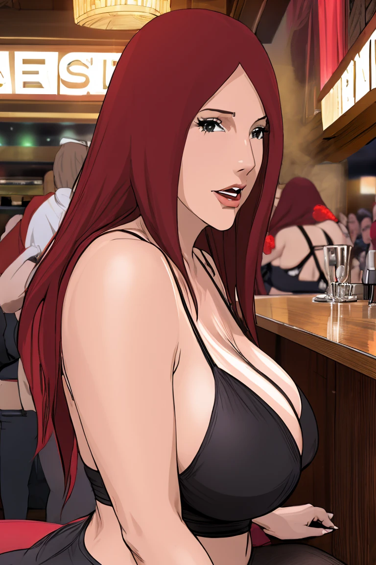 Redhead Kushina ina sexy strap lingerie dancing on man's lap in a bar,black stockings ,big breast ,curvy body ,slut aura,black stockings,lap dance ,pole dancer,stripper,woman in mid 40s, surrounded by males,covered in cum