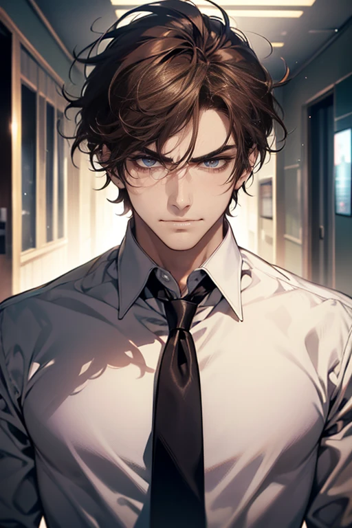 (tmasterpiece, high resolution, ultra - detailed:1.0), (1 male, masculine face), Perfect male body, tall and strong, Adult male, Delicate eyes and delicate face, Extremely detailed CG, Unity 8k wallpaper, Complicated details, Detailed face, (brown hair, messy hair, serious faces, white shirts, CEO), (frown, expression in love smile:1.3), stad in school corridor, street style, color difference, Depth of field, dramatic shadow, Ray tracing, Best quality, Cinematic lighting, offcial art,Portrait