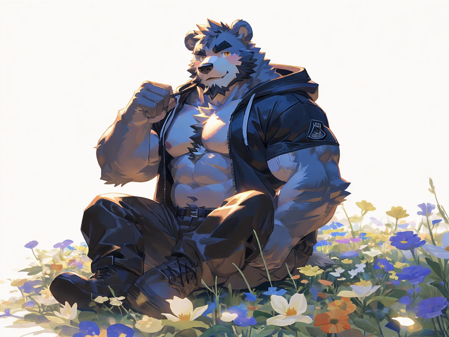 (masterpiece:1.2), best quality,pixiv,official art,perfect anatomy, (Ray tracing, light),solo, (1_male:1.3) , (muscle), (grey fur:1.4), (muscle bear), (beard:1.2), (gleaming golden eyes), bear tail, Thick black eyebrows, (open hoodie :1.3) , (naked inside:1.2), cargo pants,boots, portrait , (white background:1.3) , (flowers around:1.3)