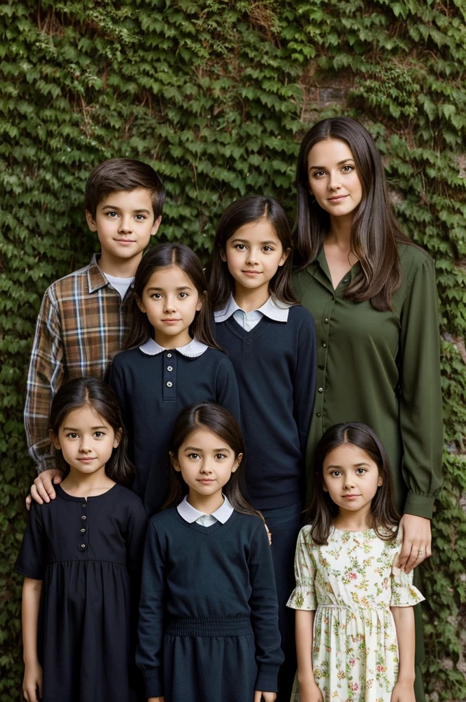 I would like you to make a family photo image of six members. The first father already a little older ie. older but tall and with an intimidating look and with his arms hidden behind his back. The two older ten year olds, a girl and boy each on one side with a serious and cold expression and equally hiding their arms behind their backs. Meanwhile in front of the father is the middle daughter with an anxious and shy expression and her age of eight. To the right of her is another girl of six who has a small smile on her face and is carrying a younger girl of three years old, all with brown hair and green eyes, wearing elegant clothes, all standing with a dark green wall in the background.