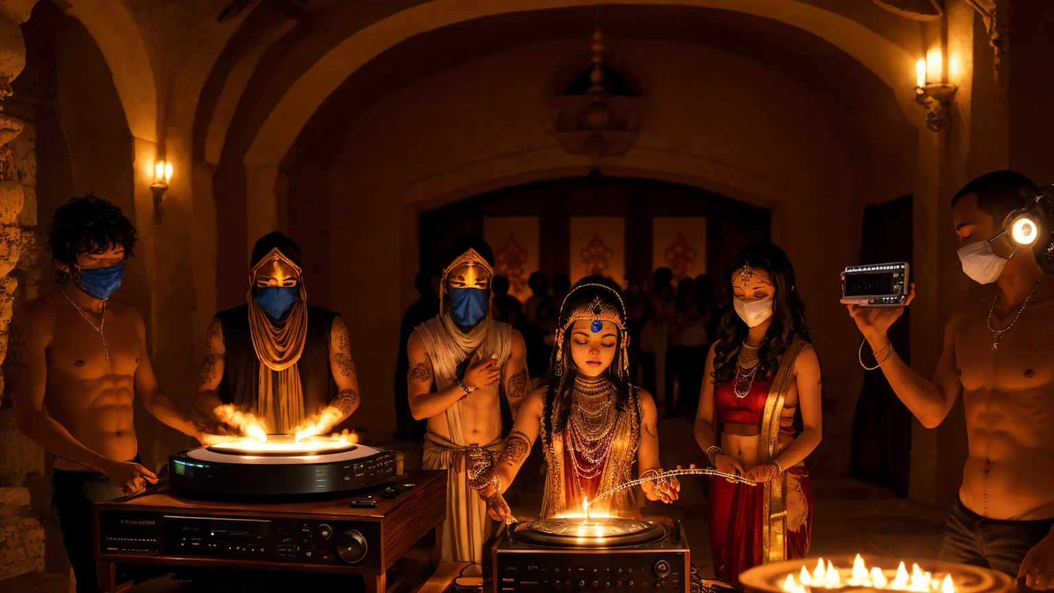 party in a Hindu temple with Buddha mixing music on a ddj400 turntable and playing a Yamaha keyboard connected to a speaker and cables and audio elements while several young tantric priestesses dance. They also cover their faces with iron man helmets. They have tattoos on their bodies and wear necklaces. and accessories there are lights and smoke