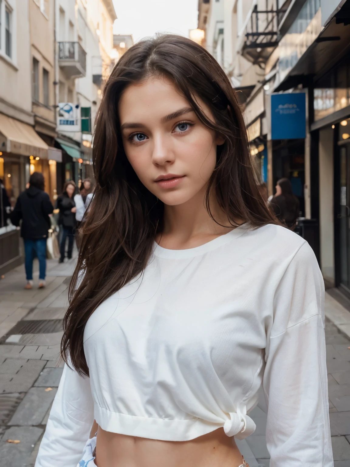 (Best quality, High resolution, Ultra-detailed: 1.1), Casual outfit: 0.8, Model: 1.0, Black-brown hair: 0.9, White skin: 1.0, Blue eyes: 0.9, Street scene: 0.5,
A masterpiece of a photograph capturing the essence of a captivating model, her black-brown hair cascading in natural waves around her face, framing her striking blue eyes and porcelain white skin. The depth of detail in the image is impeccable, with every strand of hair and pore on her skin meticulously rendered. The casual outfit