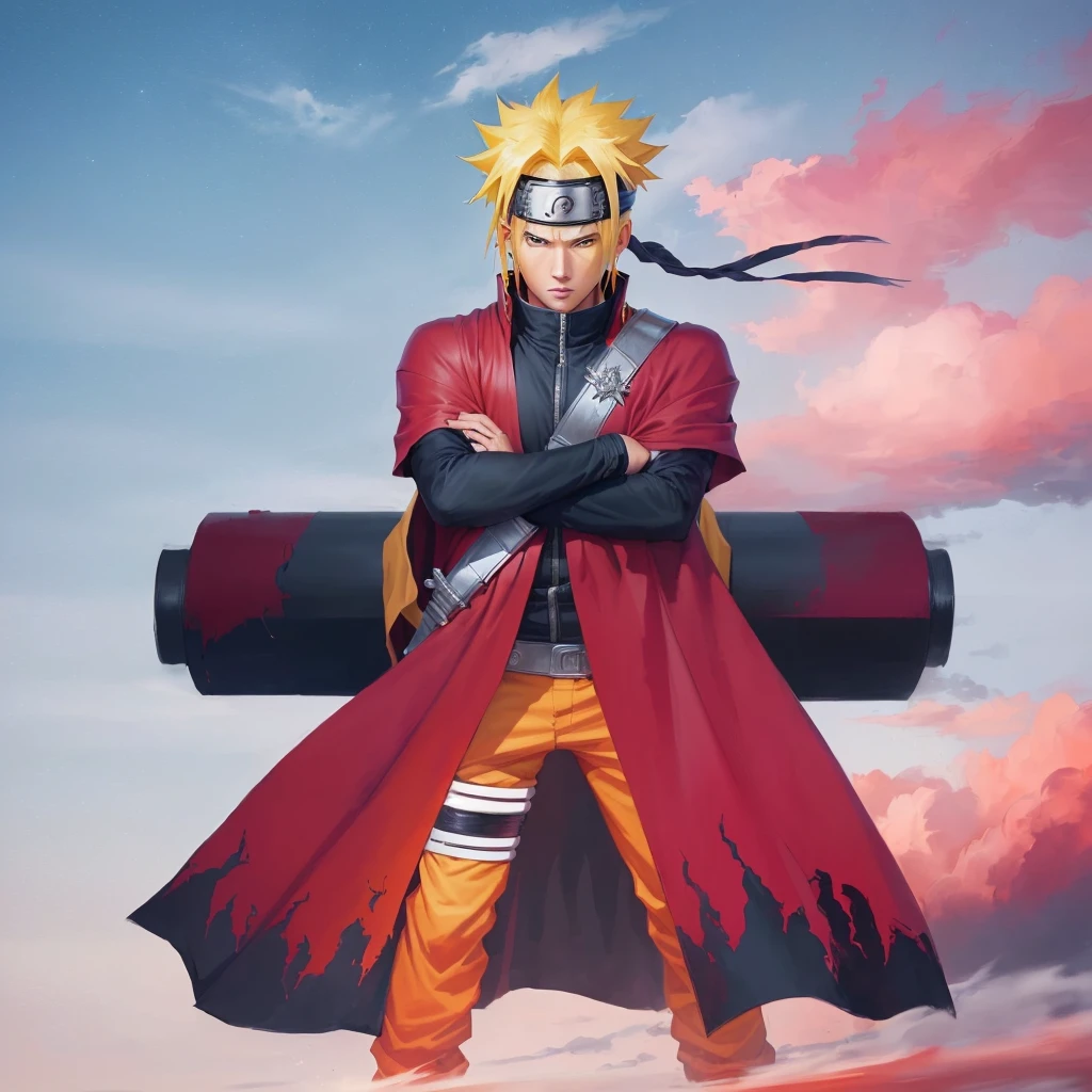 handsome character with a sword and a red cape standing in front of a cloudy sky, uzumaki naruto, sage mode, realistic