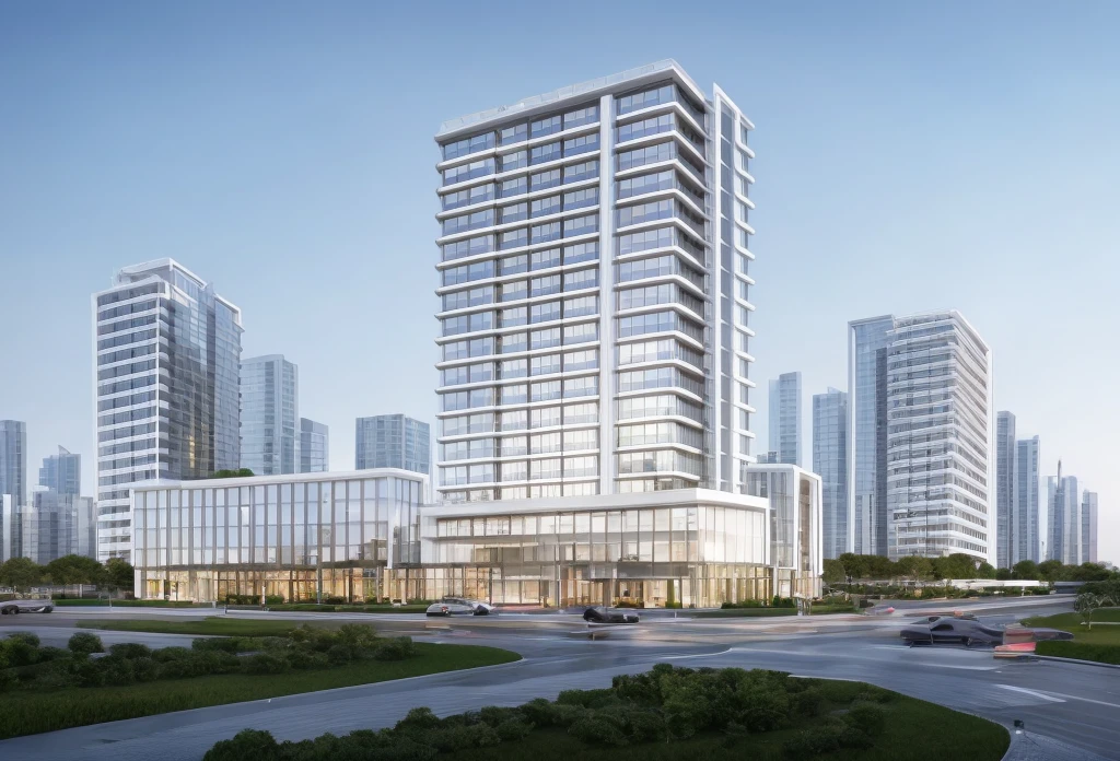 (masterpiece, best quality:1.2), rendering of a modern office building with a large sign on the top, (landscape), (city) , shophouse, modern lush condo as shopfront, wide angle exterior 2022, photo from 2022, full building, architectural rendering, mantra rendering, precise architectural rendering, residential, full - view, realistic building, realistic architecture