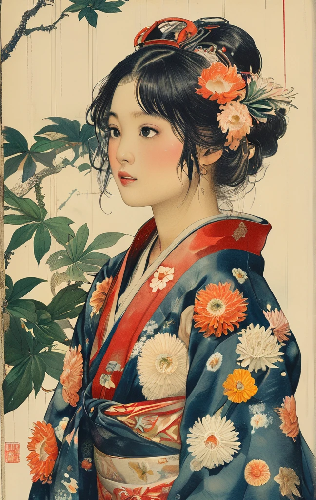 Menela style, by Ernst Haeckel, exquisite illustration of a Japanese girl in a kimono wearing flowers, beautiful girls, botanical art,