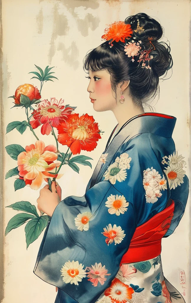 Menela style, by Ernst Haeckel, exquisite illustration of a Japanese girl in a kimono wearing flowers, beautiful girls, botanical art,