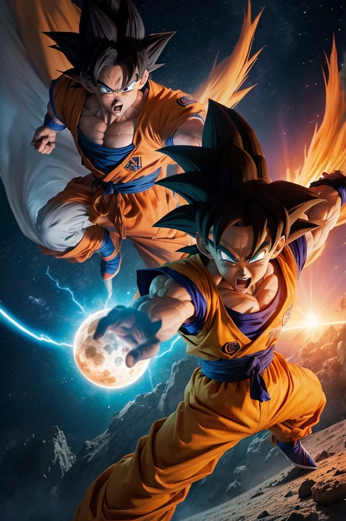 (Goku with Dragon Ball Z features) (アニメ) Com raiva se transformando em super Sayjins, (fully body) having a fight inside the crater on the moon.