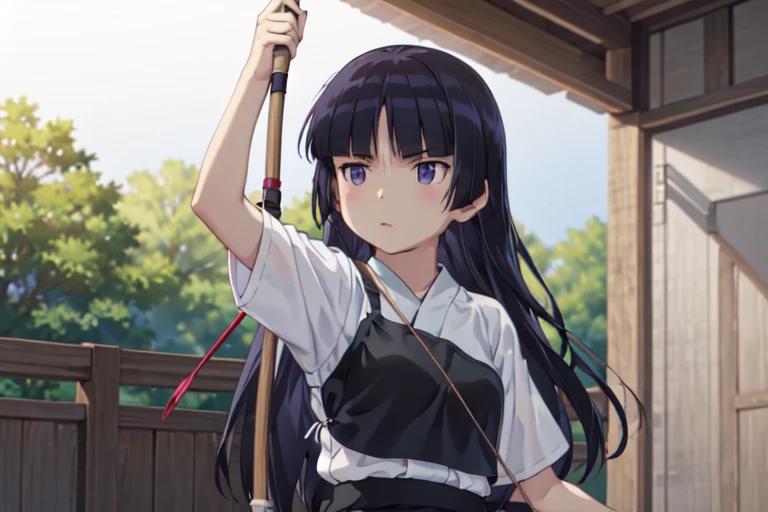 (ruri gokou), (Ultra-high resolution), (masterpiece), (Attention to detail), (high quality), (最high quality) , 1 girl, alone, girl, Hime cut, long hair, skirt, black hair, gloves, holding, weapon, japanese clothes, holding weapon, outstretched arm, hakama, hakama skirt, long skirt, single glove, bow \(weapon\), partially fingerless gloves, arrow \(projectile\), muneate, holding bow \(weapon\), aiming, yugake, holding arrow, (drawing bow:1.1), archery, kyuudou, Kyudogi, muneate, tabi socks, field, Japanese Dojo,