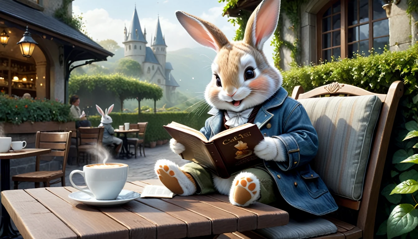 C4tt4stic, Anthropomorphic cute baby rabbit character, dressed and bipedal, human-like posture, (drinking hot coffee), sitting on a cafe terrace seat, lush garden, smiling, (reading a book), casual clothing, mystical, fantasy art, exquisite details, Jean-Baptiste Monge style, Alan Lee style, movie scene, dramatic shot angles, atmospheric particles, realistic, raw cinematic photorealism, action portrait, 8k, detailed, full frame