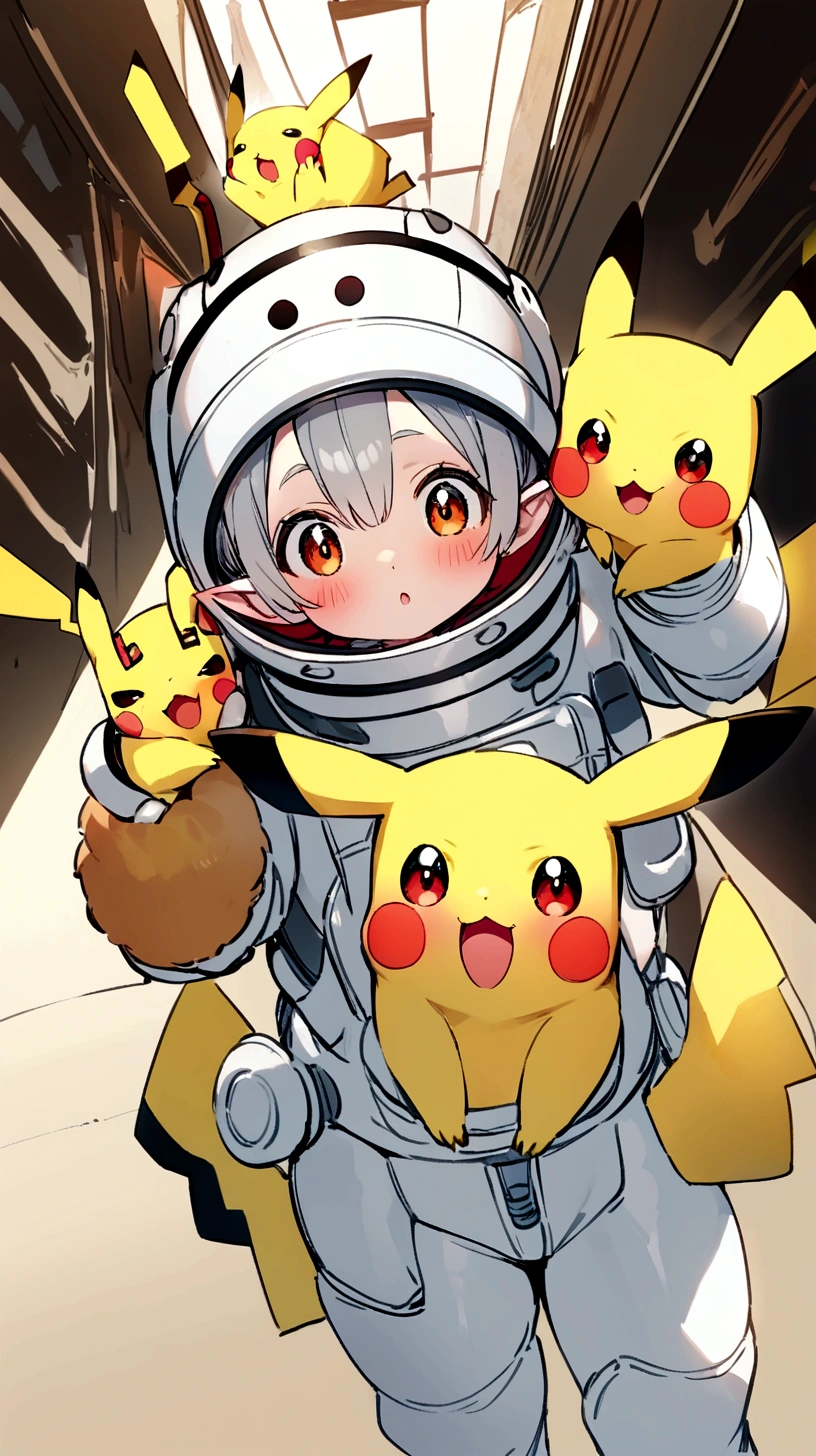 Pikachu in astronaut clothes and playful and cute，Lively and agile，Soft fur，blush，sparkling big eyes，Cute pointy ears。(Pikachu:1.5)