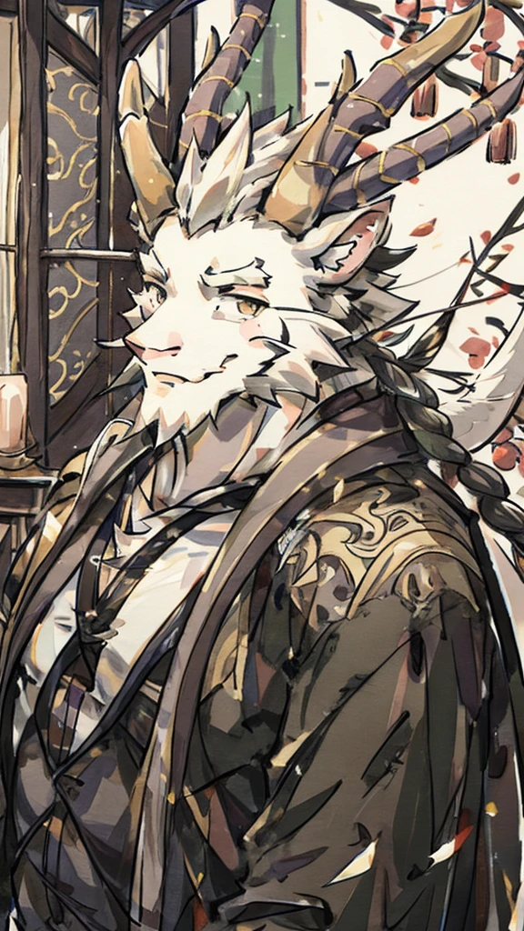 (white eastern dragon),furry,white mustache,big pecs,hearty males,muscular,black imperial robe,naked,adult,traditional_chinese_room,head portrait