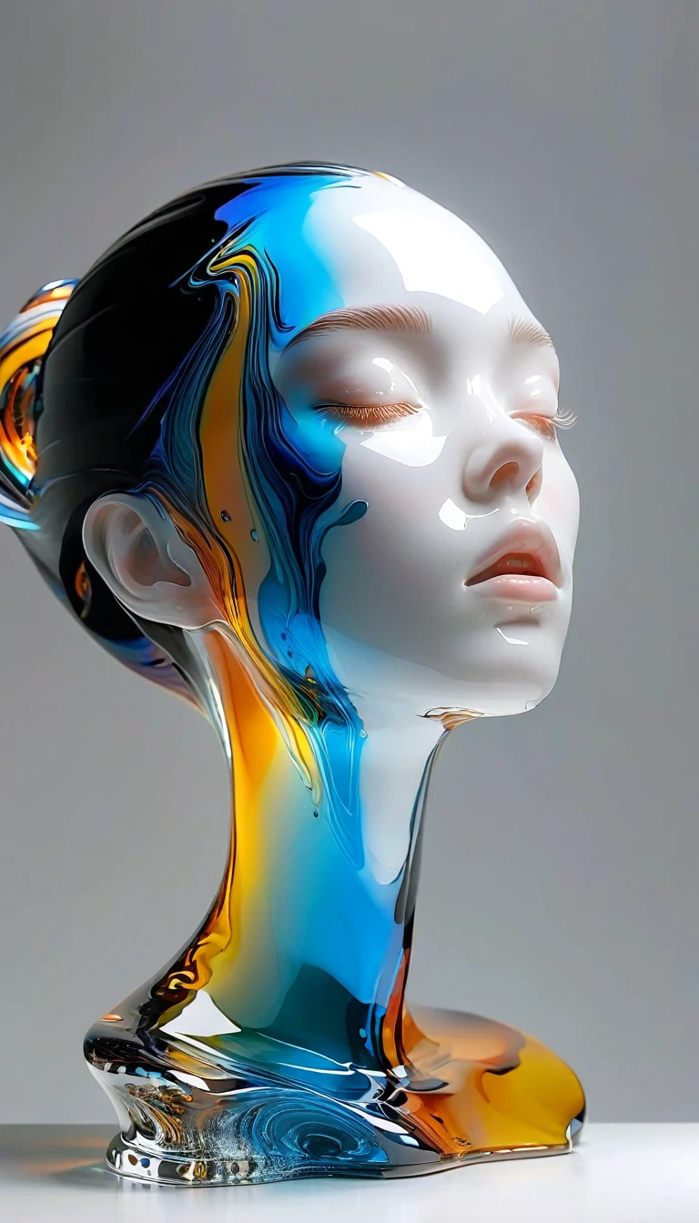 graphic design，Big black canvas，Sense of space，White Space，1 colored glass transparent 3D portrait sculpture，Bottom flow melting，面部Luminescence线路，simple，Minimalism，beautiful girl，Soft and elegant colors，，Dark background，Luminescence