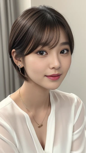 Close-up, sitting on a chair, Gorgeous Young Korean Woman, 1 girl 35 as old,　( short hair, brown hair, fringe, single eyelid, Thin outer eyebrows, Small eyes、Eyes are small compared to the face、Narrow face,　red lip, little smile), (metal earring, metal neckless, black eyeglass),( Chest visible, middle breasts, middle hip, public hair) (white blouse,White clothes are very transparent ), Tears