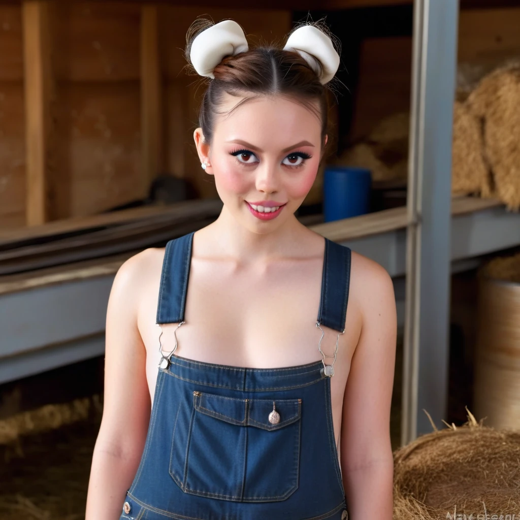 m1ag0th woman, brunette hair bun, brown eyes, wearing only blue overalls jeans, in a barn, pearl movie, close up, in a barn with stacks, blue eyeliner, brown wavy hair, sucking cock